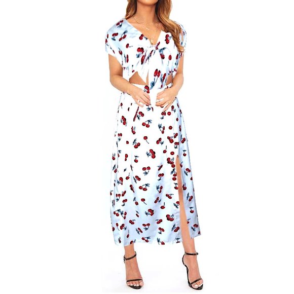 Women Maxi Skirt Wrap Crop Top Cherry Set (XS-3XL) - Picture 1 of 11